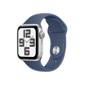 Apple Watch SE (2nd Gen, 2023) [GPS 40mm] Smartwatch with Silver Aluminum Case with Denim Sport Band.